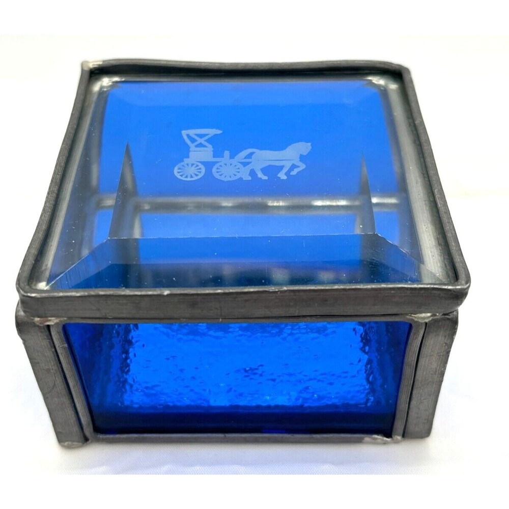 Stained Glass Trinket Box Cobalt‎ Blue Mirrored Bottom Etched Stage Coach Hinged